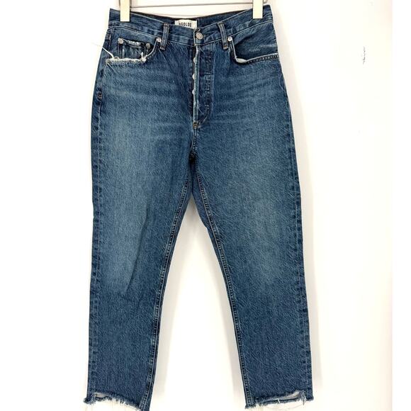 Agolde Riley Jeans Denim Button Fly Raw Hem High Rise Ankle Crop Blue Size 27 - Picture 1 of 7
